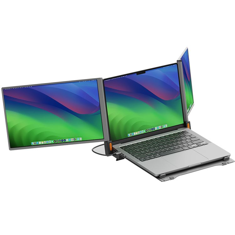 Powerology Dual Portable Monitor With Mst Docking Station, 14" Dual Full HD Screens, Multiple Device Compatibility, Driver-Free Use, Full View  Angle, 4K Ultra HD - Gray 