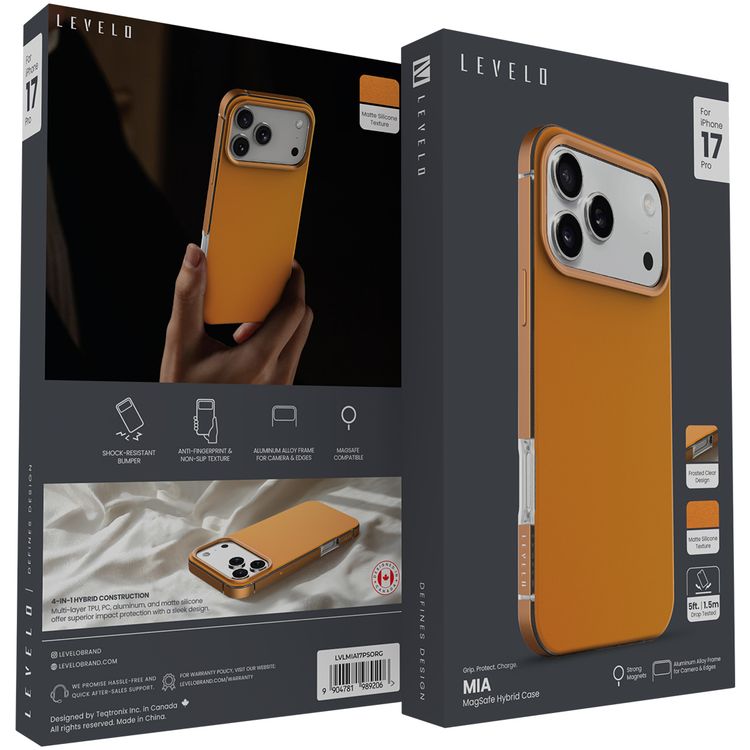 Levelo Mia MagSafe Hybrid Case for iPhone 17 Pro, N52 Strong Magnets, Matte Silicone Texture Material, Frosted Clear Design, 1.5m Drop Tested, Aluminum Alloy Frame for Camera & Edges, Non-Slip Texture, Comfortable Grip, Shock-Resistant Bumper - Sunrise Orange