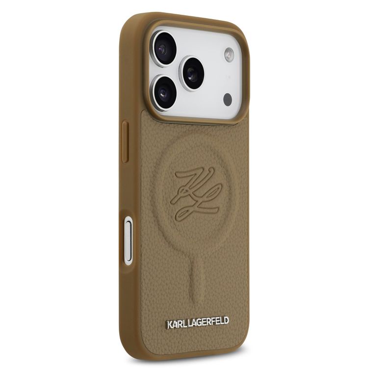 حافظة Karl Lagerfeld MagSafe من الجلد الصناعي لجهاز iPhone 17 Pro Max مع شعار بالحفر، تصميم نحيف، حماية من السقوط، تركيب سهل، تغليف مستدام، قبضة مريحة، تصميم خفيف الوزن - بني
