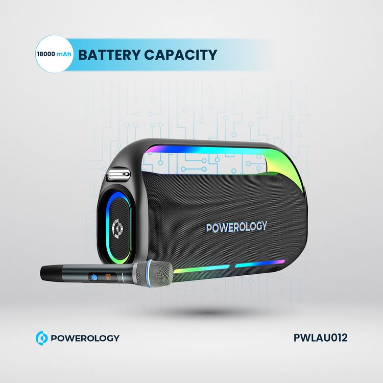 Powerology TWS Karaoke Speaker 150W with Mic and Remote, Bluetooth Version 5.0 + DSP, 18000mAh Battery Capacity, 12 Hours Working Time, 7.5 Hours Charging Time - Black