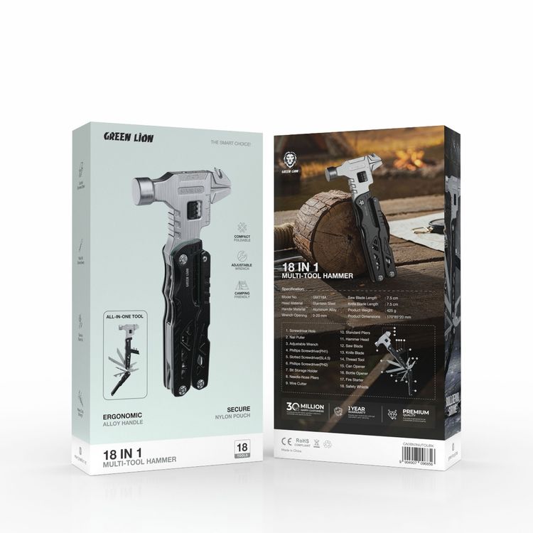 مطرقة متعددة الأدوات 18 في 1 من جرين ليون مع مفتاح ربط قابل للتعديل، مقبض مصنوع من سبيكة بإرجونوميا، قوة شديدة التحمل، طول شفرة السكين 7.5 سم، مفكات متعددة الرؤوس، مادة من الفولاذ المقاوم للصدأ المتينة، طول شفرة المنشار 7.5 سم - أسود