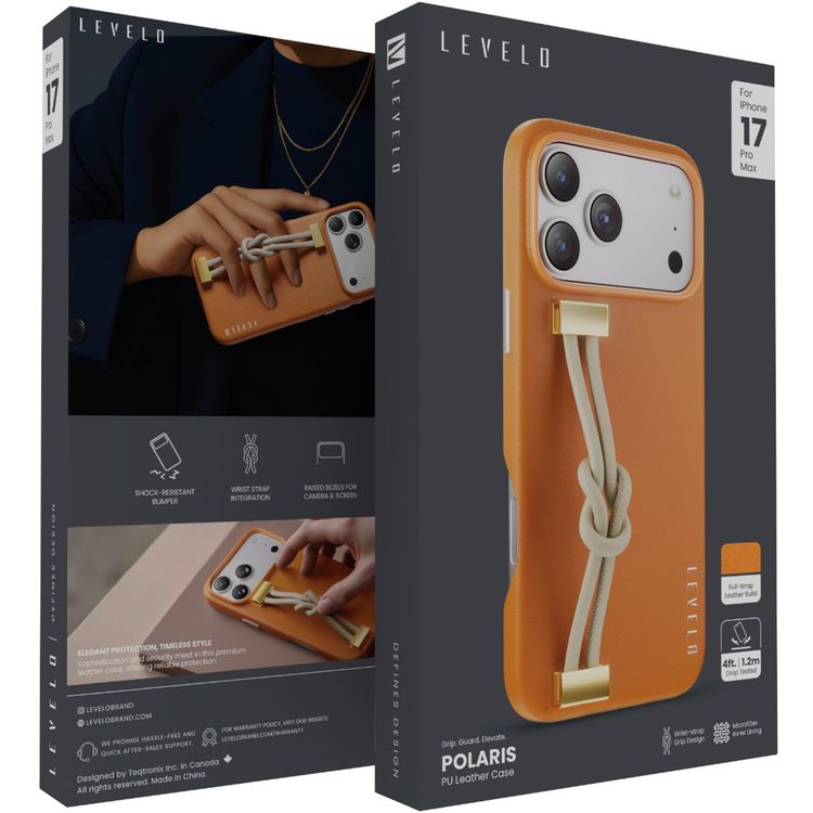Levelo Polaris PU Leather Case with Wrist-Strap Grip for iPhone 17 Pro Max, Microfiber Inner Lining, Raised Bezels for Camera & Screen, Shock-Resistant Bumper, Drop-Tested - Orange
