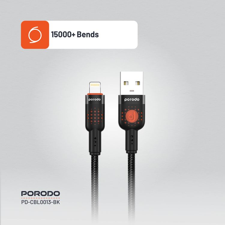 Porodo Aluminum Alloy Braided Cable USB-A to Lightning 1.2, 480Mbps Transfer Speed, 2.4A, more than 15000 Bends Life Span, Tangle Free - Black