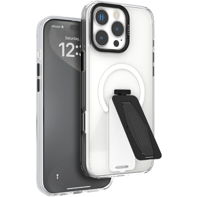 Levelo Morphix MagSafe Grip Case for iPhone 16 Pro, Impact Resistant Corners, Metal Camera Ring, Multi Functional Kickstand Premium Bayer TPU, Silicone Grip - Black