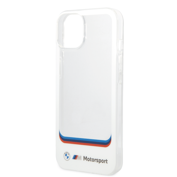 BMW Motorsport Collection PC/TPU IML Case Big Square Transparent and Printed Bottom Logo iPhone 14 Plus Compatibility - White