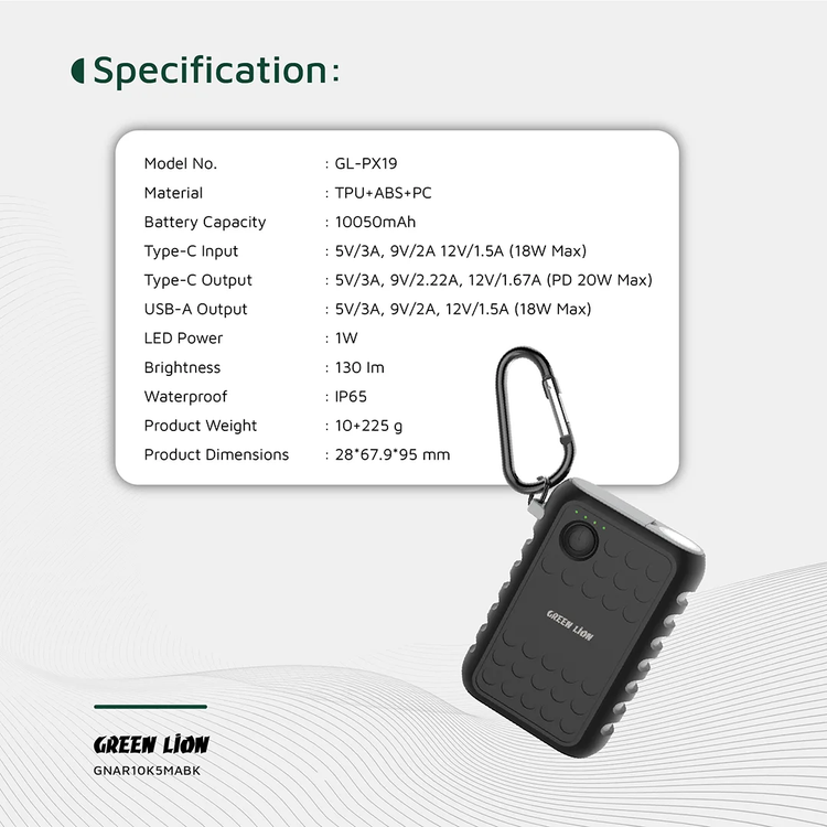 Green Lion Armor Power Bank with 10050mAh Capacity, PD 20W Max Type-C Output, 18W Max USB-A Output, 1W LED Power, 130 lm Brightness Flashlight - Black