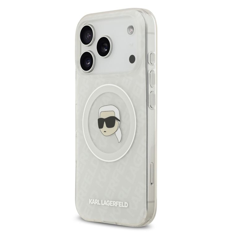 غطاء Karl Lagerfeld MagSafe IML Glitter & KL Repeated مع رأس كارل لجهاز iPhone 17 Pro، ذو تصميم نحيف، حماية من السقوط، سهل التركيب، تعبئة مستدامة، قبضة مريحة، تصميم خفيف الوزن - أبيض