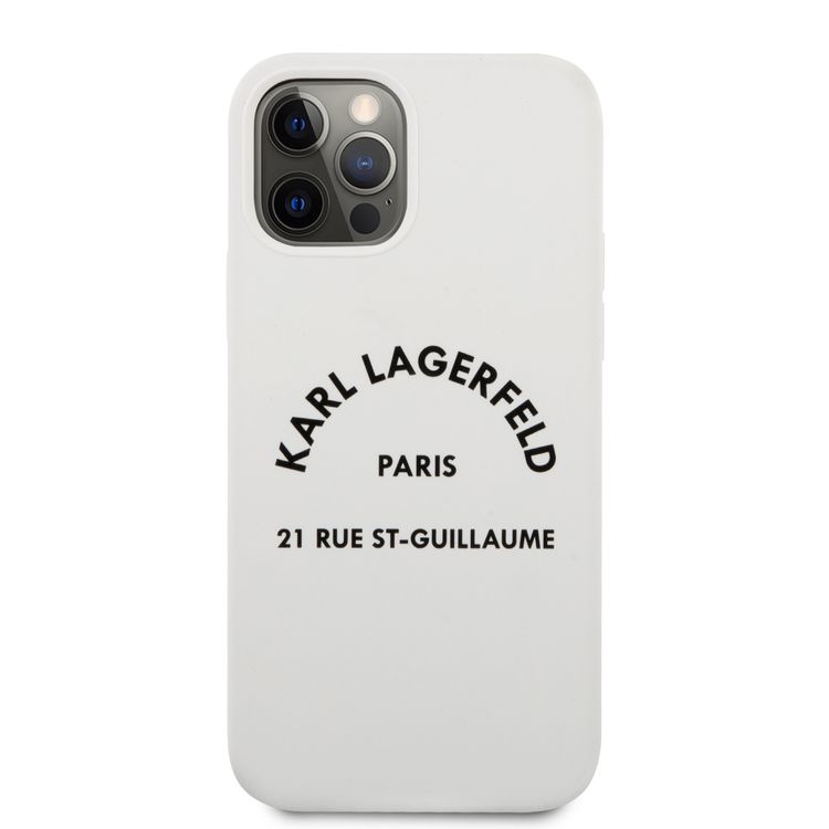 CG Mobile Karl Lagerfeld Silicone Hard Case RSG White Logo Compatible for Apple iPhone 12 / 12 Pro (6.1"), Easy Access to All Ports, Scratch Resistant & Drop Protection Back Cover Suitable with Wireless Charger Officially Licensed - White