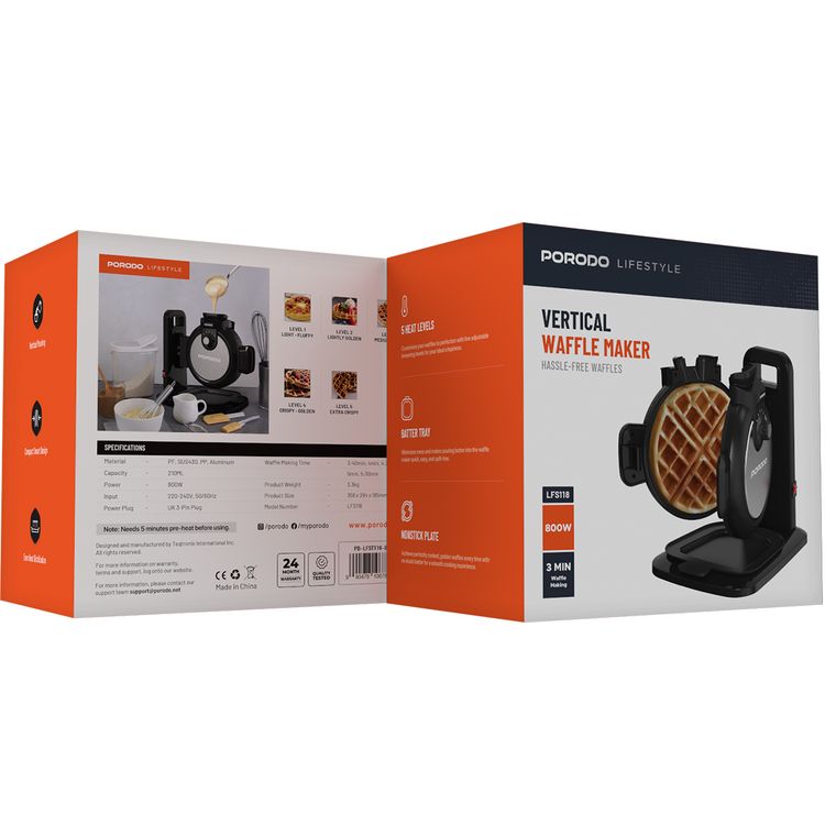 Porodo Vertical Waffle Maker with 5 Heat Levels, 210ml Capacity, 800W Power, Up to 5:30 Minutes Waffle Making Time, Non-Stick Plate, Batter Tray - Black