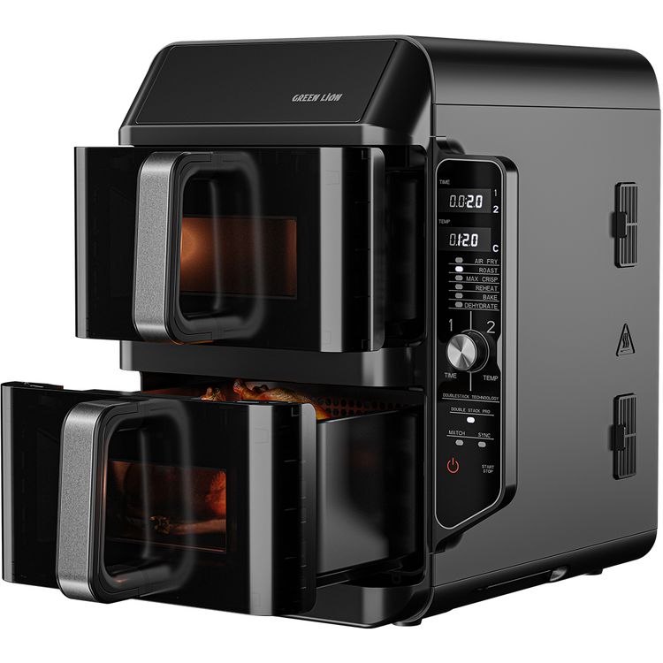 Green Lion Double-Decker Pro Digital Air Fryer with 2× 5.6L Capacity, 6 Preset Programs, 2400W Power, PP + Aluminum + ABS & PC Material, 0-60 Minutes Frying Time, Up to 230°C Temperature, BS Plug 90cm Power Cord, LED Touch Display - Black