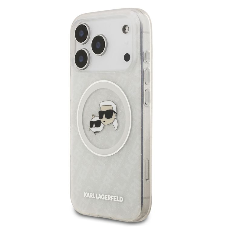 Karl Lagerfeld MagSafe IML Glitter & KL Repeated Case with Karl & Choupette for iPhone 17 Pro Max, Slim Profile, Drop Protection, Easy Snap-On, Sustainable Packaging, Comfortable Grip, Lightweight Design - White