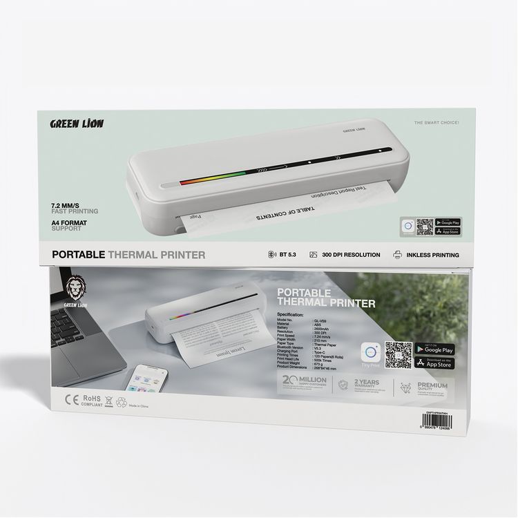  Green Lion Portable Thermal Printer with 300 DPI Print Resolution, 7.24mm/s Printing Speed, 120 Papers Printing, 210mm Paper Width, Bluetooth Version 5.3, 2600mAh Battery - White