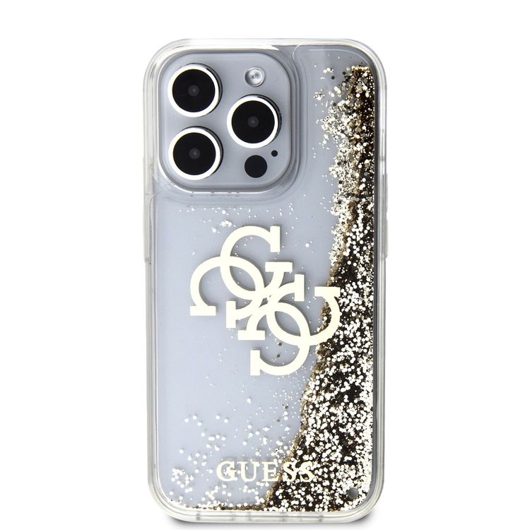 Guess Liquid Glitter Case with 4G Electroplated Logo - Gold - iPhone 15 Pro