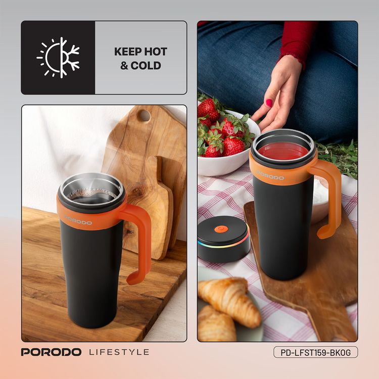 Porodo Lifestyle 6-Blade Portable Blender & Insulated Mug with 900mL Capacity, 18000 RPM Motor Speed, 70W Rated Power, 304 Food-Grade Stainless Steel Material, Keeps Hot & Cold for up to 6 Hours, 2x 1500mAh Battery Capacity, USB-C Charging Interface, Spill-free Lid Design - Black / Orange