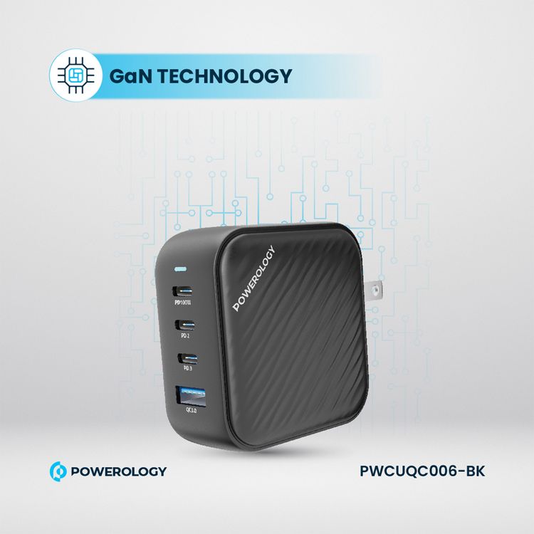 Powerology 100W Triple PD GaN Charger with EU & UK Plug, 3 USB-C Ports & USB-A Port, Built-in Safeguard, Multi Device Charging, Fast Charge, Laptop Charger - Black