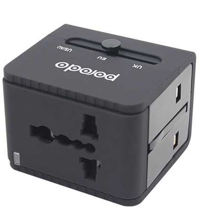 Porodo Dual USB Port Universal Travel Adapter 2.4A - Worldwide Universal Power Wall Charger - International Compatibility (US / EU / UK / AU Plugs) - Built-In Protection - Black