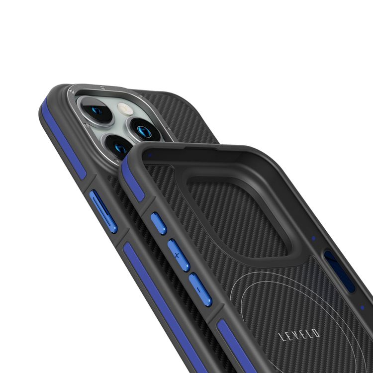 جراب Levelo Ox Carbon لهاتف iPhone 15 Pro، متوافق مع MagSafe، زوايا معززة مع واقي هواء، حواف مقاومة للصدمات، مقاومة للخدش 3H، إطار كاميرا مرتفع - أزرق
