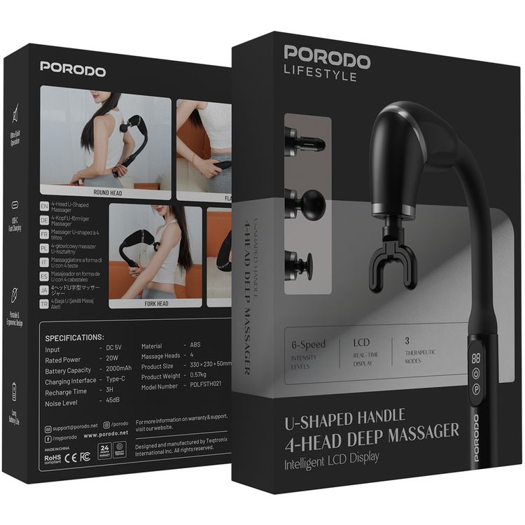 Porodo Lifestyle 4-Head Deep Massage with Intelligent LCD Display, U-Shaped Handle, 3-Therapeutic Modes, ABS Material, 2000mAh Battery Capacity, Type-C Charging Interface, Ultra-Quiet Operation, Portable & Ergonomic Design - Black