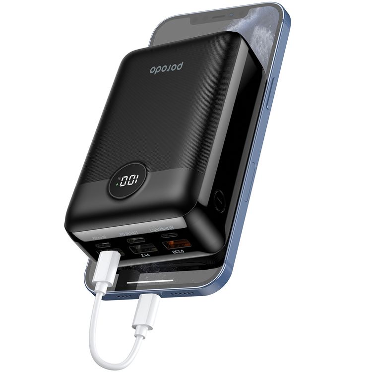 Porodo Super Compact Power Bank with 30000mAh Battery Capacity, 20W Power Delivery, Quick Charge 3.0 Technology, 4-Output Fast Charging, 22.5W USB-A QC Output - Black