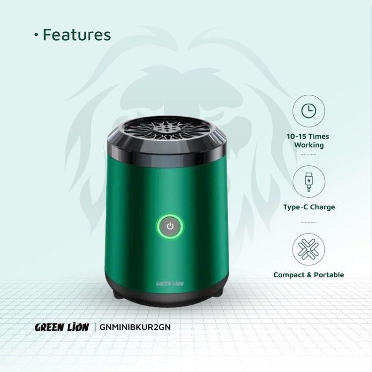 Green Lion Mini Bakhour 2 with Off Protection Mechanism, High-Quality Incense Burner, 2000mAh Battery Capacity, 10-15 Times of Operation, Compact & Portable Design, Type-C Charging Port - Green