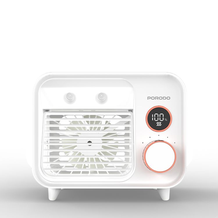 Porodo Mini Mist Fan Desktop Air Cooler with LED Display & Knob Control, 250mL Tank Capacity, 2000mAh Battery, 7.4W Rated Power, Up to 7 Hours Working Time, USB-C Charging Port, 5 Speed levels, Instant Cooling Mist - White