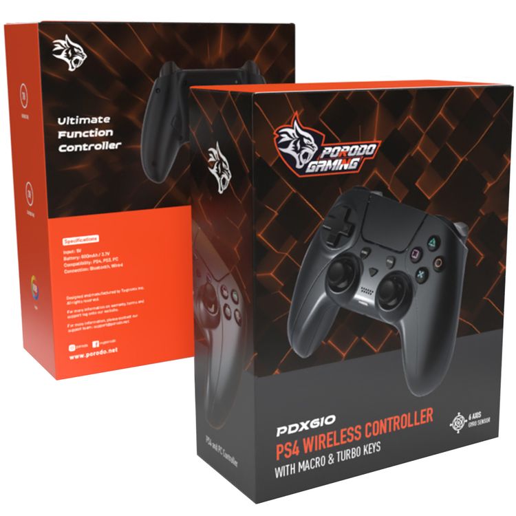 Porodo Gaming PS4 Wireless Gamepad Controller with Macro & Turbo Keys, 7 Hours Working Time, PS4, PS3 & PC Compatibility, RGB Lights, 600mAh Battery Capacity - Black