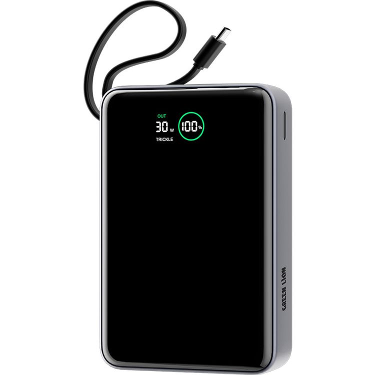 Green Lion Madrid 20 Power Bank 20000mAh with Built-in 20cm Type-C Cable, 35W Power Delivery, Real-Time Digital Display, 22.5W USB-A Output, Trickle Charging Mode, Safe Charging - Gray