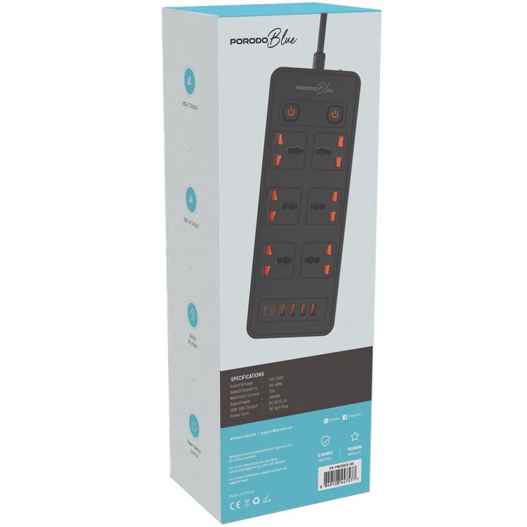 Porodo 6AC-Dual Switch Universal Power Strip with Premium Material, Power Switch Control, Safety Shutter, 13A Maximum Current - Black  