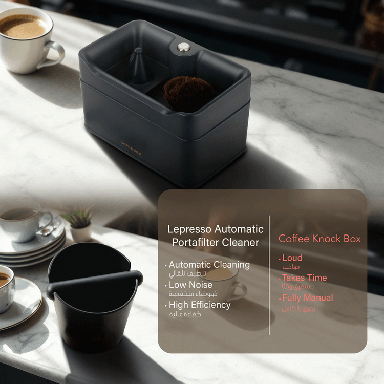 LePresso Automatic Portafilter Cleaner with 340RPM Motor Speed, 20W Rated Power, Hassle-Free Disposal, 58mm Portafilter Compatibility, Quick Assembly - Black