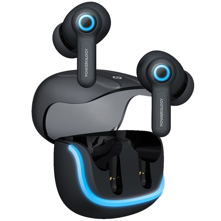 Powerology Quad Mic ENC True Wireless Earbuds, 6h Playtime, Bluetooth 5.3, Type-C Charging, 10m Transmission Distance, RGB Lights - Black