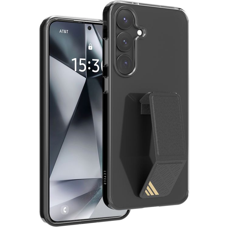 غطاء Levelo Morphix Clara مع مسكة جلد مدمجة لهاتف Samsung Galaxy S25 Plus، مصنوع من مادة TPU، زوايا مقاومة للصدمات، حلقة كاميرا معدنية، مادة هجينة - اللون الأسود.