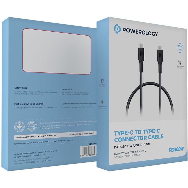 Powerology Type-C to Type-C Connector Cable PD 100W, Fast Data Sync & Charging, Universal Compatibility, 1.2m in Length, Overheat & Overcurrent Protection - Black