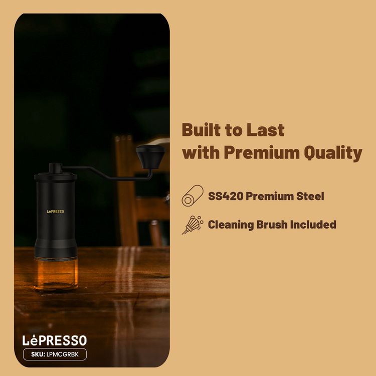 LePresso Handheld Burr Coffee Grinder with High-Precision Grinding, Stainless Steel & Glass & ABS Material, 30-35g Capacity, Cleaning Brush Included, Perfect Grip - Black