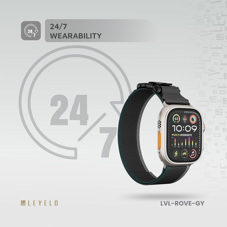 Levelo Rove Nylon Watch Strap with Magnetic Buckle, Compatible with 49/46mm Smartwatches & Apple Watch SE, Series 9, 8, 7, 6, 5, Abrasion Resistance, Hypoallergenic Material, Easy Snap-On & Quick Release Mechanism, Water-Resistant, Sweat-Resistant, 24/7 Wearability - Gray