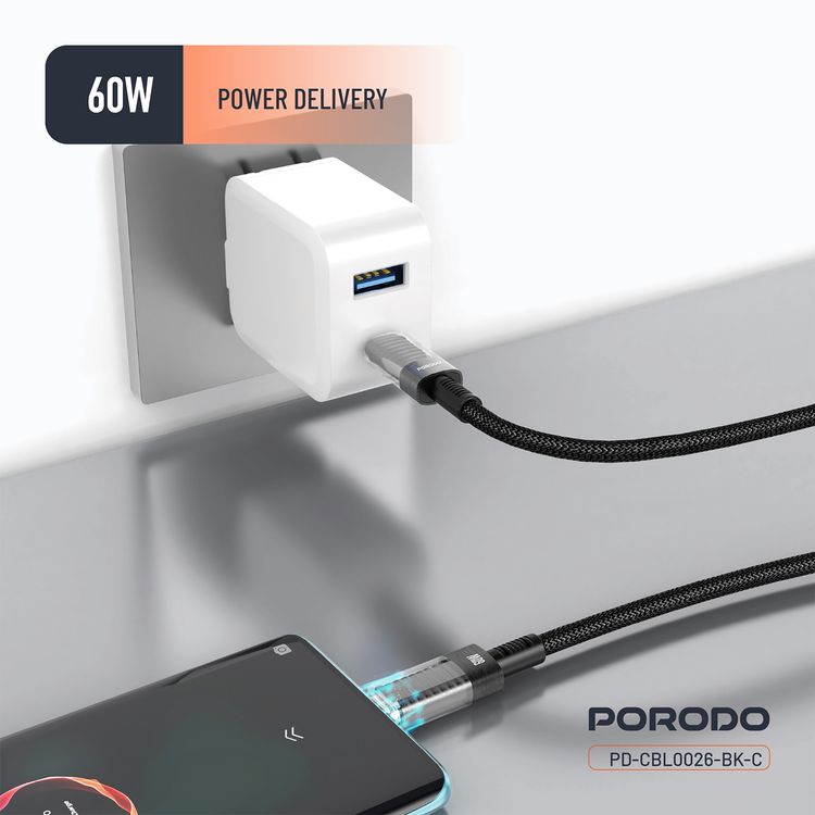 كابل USB-C إلى USB-C شفاف من Porodo، بطول 1.2 متر، متوافق عالميًا، PD 60 وات، آمن ومضمون، شاحن سريع للبيانات - أسود