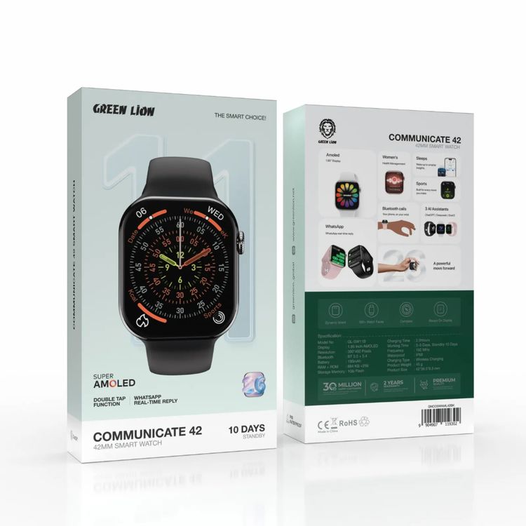 Green Lion Communicate 42mm Smart Watch with 1.85” AMOLED Display, 190mAh Battery, 1GB Flash Storage, IP68 Waterproof, 2-3 Days Working Time, 10 Days Standby Time, Bluetooth Version 3.0 + 5.4, Wireless Charging, Always-On Display, 500+ Watch Faces - Black