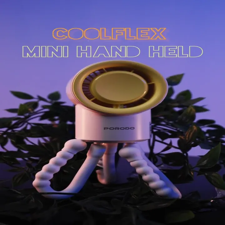 Porodo Coolflex Mini Handheld Fan with Flexible Tripods, Up to 4.5 Hours Working Time, 3 Speed Levels, USB-C Charging Port, Adjustable Airflow, Multi-Scent Usage, Effortless Portability - White