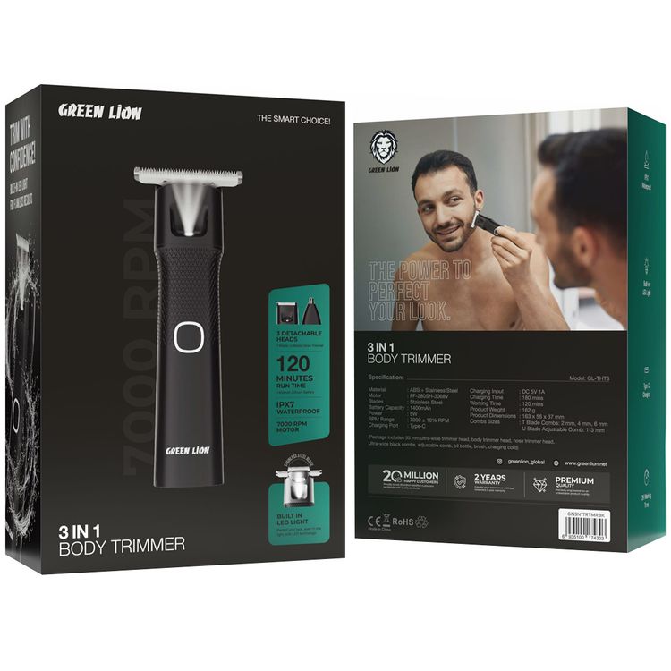 Green Lion 3-in-1 Body Trimmer with 3 Detachable Heads, 120 Minutes Working Time, 7000RPM Motor Speed, IPX7 Waterproof, Built-in LED Light, Stainless Steel Blades - Black