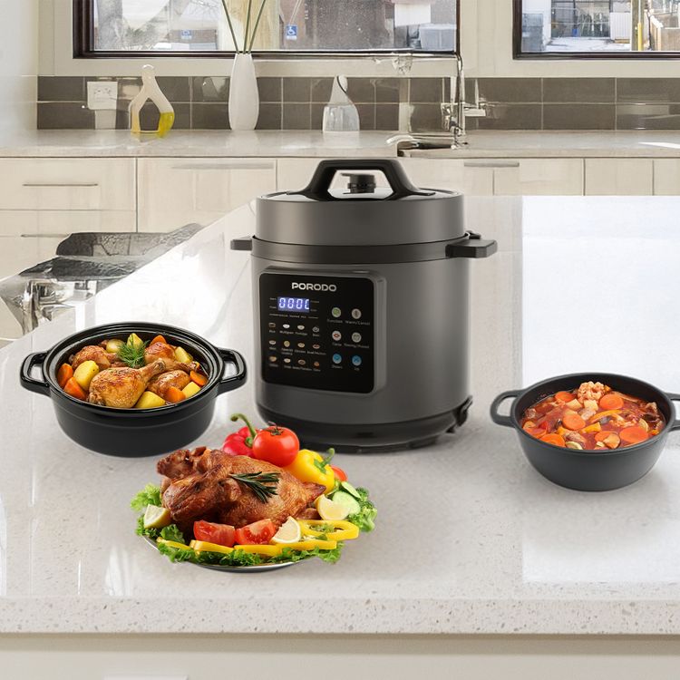 Porodo 1300W Multi-Cuisine Pressure Cooker with 6L Capacity & LED Display, One-Pot Meals, One-Touch Control, Auto Pilot Cooking, Customizable Cooking Programs - Gray