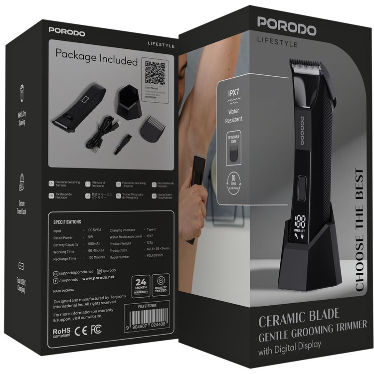 Porodo Ceramic Blade Gentle Grooming Trimmer with Digital Display, 90 Minutes Working Time, 600mAh Battery Capacity, 5W Rated Power, Wet & Dry Shaving, Secure Travel Lock, Detachable Comb, USB-C Charging Port - Black