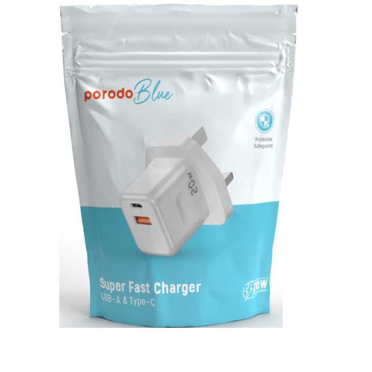 Porodo Blue Super Fast Charger USB-A & USB-C