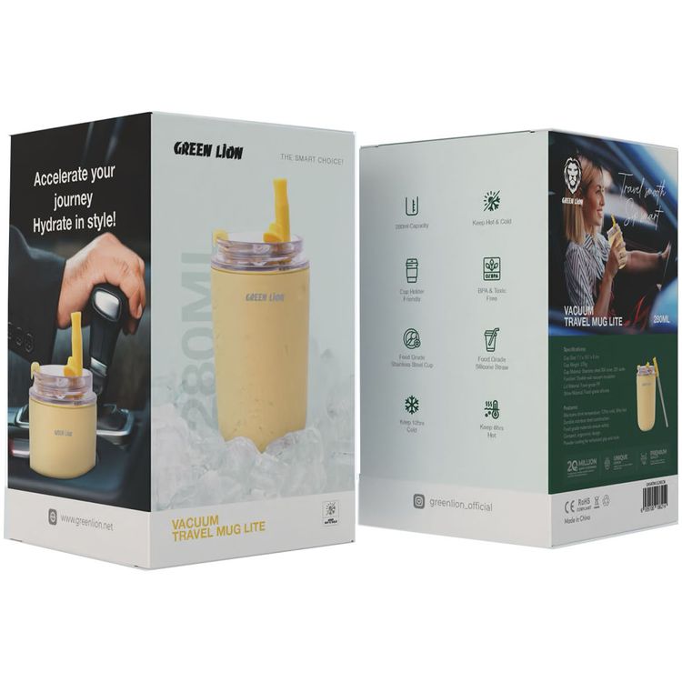 Green Lion Vacuum Travel Mug Lite, 280 mL Capacity, Keeping Hot for 6 Hours and Cold for 12 Hours, Food Grade Silicone Straw, Food Grade Stainless Steel Cup - Cream