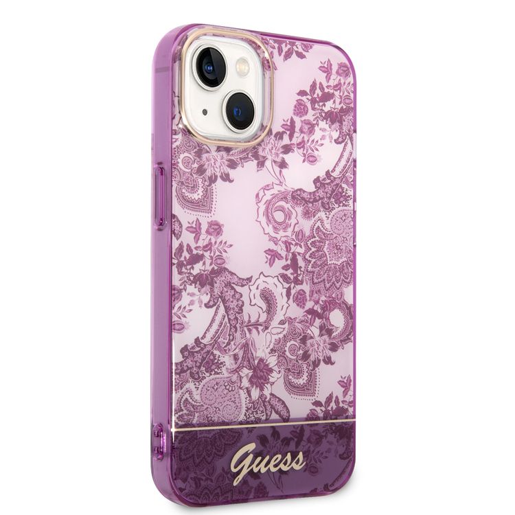 Guess PC/TPU IML Case With Double Layer Electroplated Camera Outline & Toile De Jouy - iPhone 14 Plus - Fuchsia