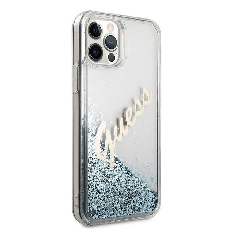 CG MOBILE Guess Liquid Glitter Script Hard Phone Case Compatible for iPhone 12 Pro Max (6.7") Shock Resistant Mobile Case Officially Licensed - Vintage Blue