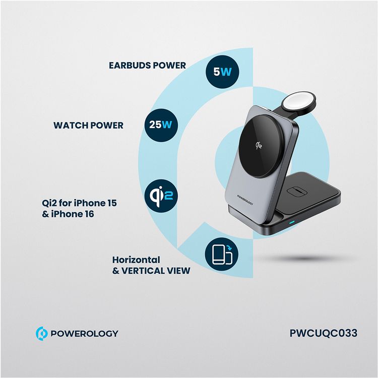 Powerology 3-in-1 Foldable Wireless Magnetic Charging Hub, Fast Charging, Multi-Device, Horizontal & Vertical View, Type-C Input Interface, Lightweight & Portable, Qi2 for iPhone 15 & 16, 15W Magsafe Power, 2.5W Watch Power, 5W Earbuds Power, 9V/3A & 12V3A Input, Foldable Design - Black