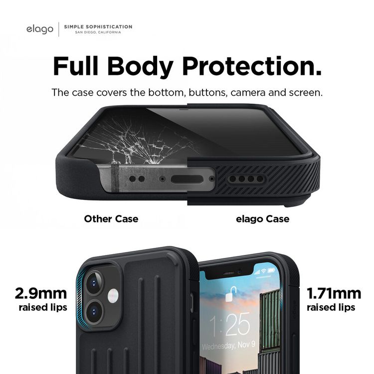 Elago Armor Case Compatible with iPhone 12 Mini (5.4")Solid & Detailed Design, Edge Stripe, Sturdy, Full Body Protection, Shock Absorbing, Supports Wireless Charging - Black