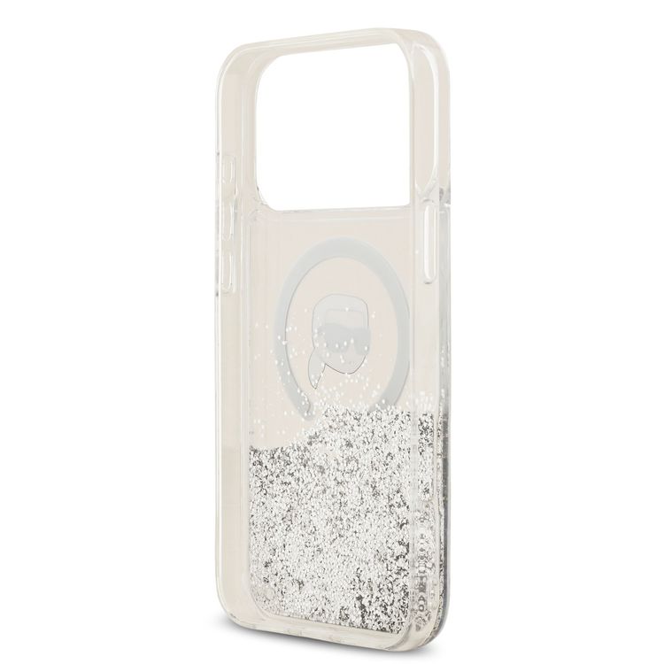 Karl Lagerfeld MagSafe Liquid Glitter Case with Karl Head for iPhone 17 Pro, Drop Protection, Easy Snap-On, Slim & Lightweight Design, Sustainable Packaging, Comfortable Grip - Transparent