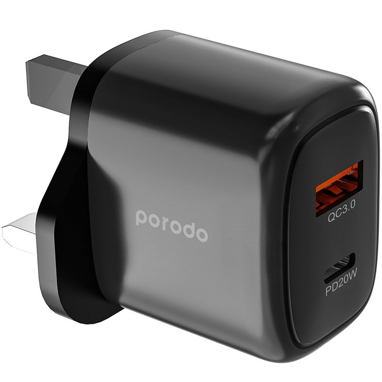 Porodo Dual Output Quick Charger with Type-C to Type-C Cable, 20W Power Delivery, QC 18W, UK 3-Pin Plug, Simultaneous Charging, Universal Compatibility - Black