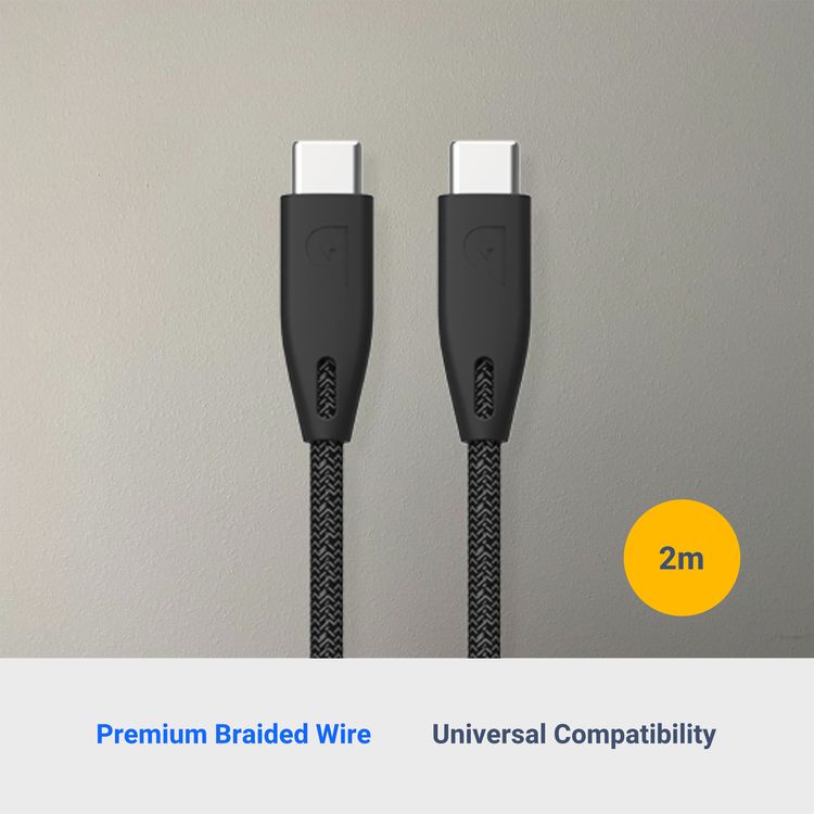  Powerology USB-C to USB-C Braided Cable with 100W Power Delivery, Over Heat & Current Protection, Fire-Resistant PVC Material, Fast Charge & Data Sync, 2m Cable Length - Black