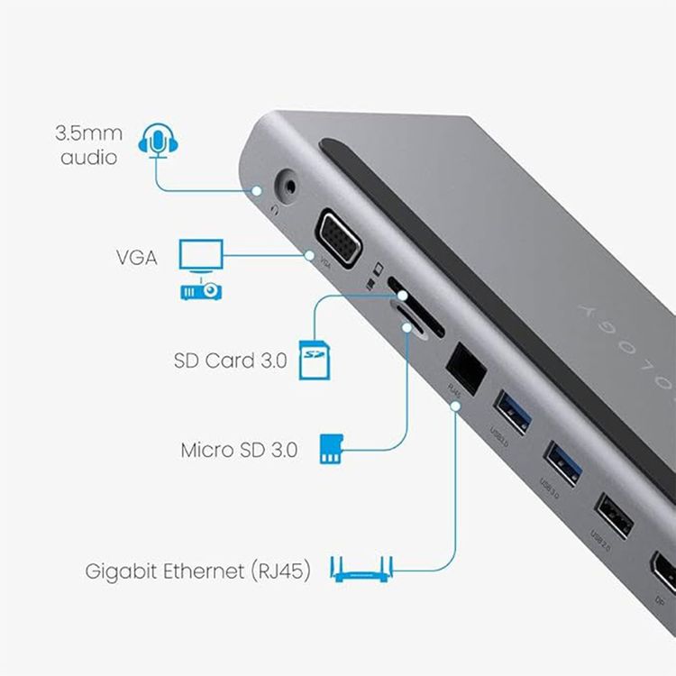 Powerology 11-in-1 Multi-Display USB-C Hub & Laptop Stand with 100W Power Delivery, 5Gbps Data Transmission Speed, Aluminum Shell, Fast Charge & Data Transfer - Gray
